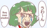 anime bloodshot_eyes blush clothes crimean_tatar_text crying glasses green_hair gyate_gyate hair japanese_text kazami_yuuka laughing open_mouth series:gyatejaks soyjak stubble touhou variant:soyak video_game // 800x473 // 113.6KB
