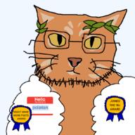 animal cat cat_eyes glasses hello_my_name_is_(sticker) laurel mei_mei orange_tabby_cat polarian_(user) stubble tole_tole_cat variant:catjak_(alternate) // 870x871 // 71.5KB