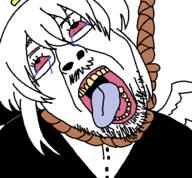 bloodshot_eyes clothes crying funamusea glasses hair halo hanging open_mouth rema rope stubble tranny variant:bernd white_background white_hair wing // 450x417 // 16.3KB