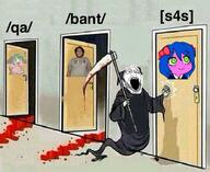 anime bant_(4chan) blood bury_pink_gril comic door glasses grim_reaper gyate_gyate jp_(4chan) open_mouth qa_(4chan) s4s_(4chan) soyjak stubble touhou variant:markiplier_soyjak2 video_game yonkers // 689x562 // 68.9KB