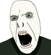 angry clothes green_eyes harry_potter open_mouth soyjak variant:cobson voldemort white_skin yellow_teeth // 721x789 // 181.6KB