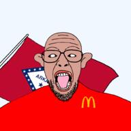amerimutt arkansas beard black_sclera brown_skin clothes ear flag glasses looking_at_you mcdonalds open_mouth soyjak united_states variant:patriotjak // 1023x1023 // 59.9KB