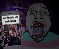 animated dark gif_(4chan) glasses hair hand holding_object irl_background music mustache open_mouth painted_nails phone purple_hair sound soyjak stubble tongue tranny variant:bernd video wsg_(4chan) yellow_teeth // 714x592, 19.8s // 3.0MB