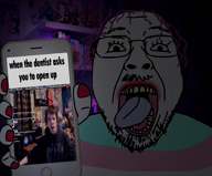 animated dark gif_(4chan) glasses hair hand holding_object irl_background music mustache open_mouth painted_nails phone purple_hair sound soyjak stubble tongue tranny variant:bernd video wsg_(4chan) yellow_teeth // 714x592, 19.8s // 3.0MB