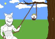 bloodshot_eyes cat_ear hanging holding_rope lynching muscles nate open_mouth series:unfunnycreature smile subvariant:wholesome_soyjak tree unfunny_creature variant:gapejak variant:uglyfuckingthing // 2100x1500 // 176.8KB