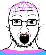 clothes glasses lipstick makeup mustache open_mouth purple_hair soyjak stubble subvariant:soyak_front2 tranny variant:soyak yellow_teeth // 604x716 // 20.9KB