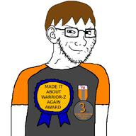 arm award badge chud_(soybooru) closed_mouth dan ear glasses ribbon smirk smug soyjak text variant:soyak warrior-z_(user) // 600x600 // 52.9KB