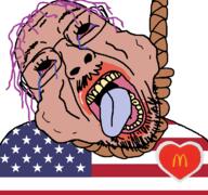 amerimutt anti_mutt bloodshot_eyes brown_skin country crying fat flag glasses hair hanging heart mcdonalds mustache open_mouth purple_hair rope soyjak stubble suicide tongue united_states variant:bernd yellow_teeth // 768x719 // 98.5KB