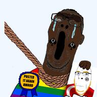 ack award black_skin crying dead gay glasses hanging holding_object obsessed pedophile rainbow_flag shitskin turkroach variant:reaction_soyjak // 2048x2048 // 1.8MB