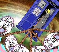 5soyjaks arm bloodshot_eyes clothes coat crying doctor doctor_who dr_who flag full_body galaxy glasses hair hand hanging leg mustache noose open_mouth phone_booth purple_hair rope soyjak stubble suicide tongue tranny universe variant:bernd virgin virgin_vs_chad yellow_teeth // 1745x1540 // 212.9KB