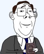 arm blue_tie book brown_hair christianity clothes collared_shirt double_chin ear english_text glasses hair hand happy holding_book holding_object looking_at_you necktie smile soyjak suit suit_and_tie text transparent_background variant:protestantjak white_shirt // 1472x1801 // 395.7KB
