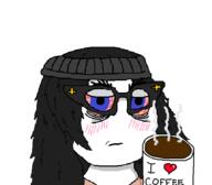 bloodshot_eyes closed_mouth coffee drink female i_love soyjak tired variant:soytan // 534x466 // 36.2KB