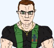 brown_hair christianity closed_mouth corrected cross fire glasses green_eyes hair muscles necklace pastor presbyterian presbyterian_church_(usa) presbyterianism priest smile soyjak subvariant:muscular_chud transparent_background variant:chudjak // 1059x932 // 69.8KB