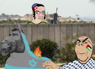 2soyjaks anger_mark angry arab clothes country donkey fire firearm flag gaza glasses hair hand hat irl_background islam israel israeli judaism kippah palestine palestinian smile soyjak stubble subvariant:wholesome_soyjak variant:chudjak variant:gapejak weapon white_skin // 783x572 // 609.2KB