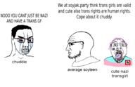 3soyjaks bloodshot_eyes chad chud clenched_teeth closed_mouth crying ear eyelashes glasses hair label mustache nordic_chad open_mouth purple_hair side_profile soyjak soyjak_party stubble swastika tongue tranny trans_rights variant:bernd variant:chudjak variant:unknown yellow_teeth // 2002x1293 // 221.8KB
