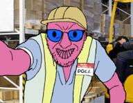 clothes doll doll_(user) forklift glasses hat holding_object irl_background looking_at_you name_tag pink_skin safety_vest stubble text variant:walmartjak // 750x583 // 421.1KB