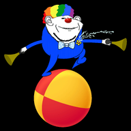 animated balancing ball blue_jumpsuit bowtie clown clown_nose clown_wig flower honk horn plant variant:impish_soyak_ears water // 2952x3047 // 1.2MB