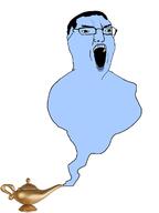 blue blue_skin genie glasses hair lamp open_mouth soyjak variant:chudjak yellow_sclera // 900x1200 // 132.9KB