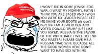 based bloodshot_eyes cap clothes crying distorted donald_trump glasses hat judaism maga open_mouth russo_ukrainian_war soyjak stubble text trad_wife variant:soyak vladimir_putin wordswordswords zog // 1200x667 // 159.3KB