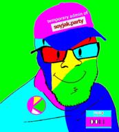 badge cap closed_mouth clothes doll_(user) glasses green_background hat kolyma logo looking_at_you name_tag smile soyjak soyjak_party stubble text trend:colorjak variant:feraljak // 818x910 // 141.6KB
