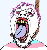 bloodshot_eyes clothes crying flag glasses hanging mustache open_mouth purple_hair rope soyjak stubble suicide tongue tranny variant:isaac yellow_teeth // 532x567 // 184.8KB