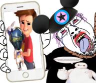 ack baphomet baymax big_hero_6 bloodshot_eyes boss_baby crying demon disney eyes fortnite glasses hanging holding_object holding_phone iphone lipstick mickey_mouse open_mouth pentagram phone rope satanism soyjak stubble suicide tongue tranny variant:bernd yellow_teeth // 680x593 // 480.4KB
