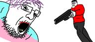 2soyjaks angry chud glasses hair holding_gun holding_object imminent_death looking_to_the_left looking_to_the_right nazism open_mouth scared shouting soyjak stubble teeth tranny troon variant:chudjak variant:sentineljak white_background yellow_teeth // 1918x851 // 53.7KB