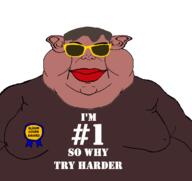 album_cover aviator_glasses brown_hair brown_shirt brown_skin closed_mouth clothes ear fat fatboy_slim glasses hair music obese red_lips soyjak subvariant:branigger text tshirt variant:brandon variant:meximutt yellow_sclera you've_come_a_long_way_baby_(fatboy_slim_album) // 1675x1583 // 114.4KB