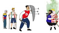 americuck arrow bow chad chud flag:italy flag:mexico flag:tunisia flag:united_states flag:venezuela full_body holding_object holding_shield holding_sword injury italy jawline mediterrenean mexico shield tunisia united_states variant:chudjak variant:meximutt variant:wojak venezuela // 2048x1141 // 562.8KB