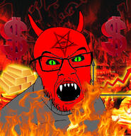 angry black_sclera demon facial_mark fire forehead_mark glasses gold green_eyes hell horn mark_of_the_beast money monster mustache open_mouth pentagram pentagram_forehead_mark red_skin satan satanism sharp_teeth slit_pupils soyjak star stubble variant:feraljak yellow_teeth // 1500x1556 // 2.1MB