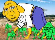 animal bloodshot_eyes closed_mouth clothes dog full_body glasses green_skin irl_background janny looking_at_you mediator monkey mother multiple_soyjaks mustache smile soyjak stubble subvariant:euromutt transparent_background variant:markiplier_soyjak variant:shotjak // 1484x1077 // 1.0MB