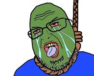 bloodshot_eyes clothes crying frog hanging pepe rope soyjak stubble suicide tongue variant:shotjak yellow_teeth // 417x339 // 69.3KB