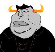 angry closed_mouth clothes fat grey_skin hair homestuck horn obese soyjak stubble tavros_nitram troll_(homestuck) variant:meximutt yellow_sclera zodiac // 888x849 // 26.4KB