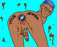 america_first anus blue_background brown_skin cap closed_mouth clothes ear glasses hand hat judaism leg looking_at_you nick_fuentes nsfw penis poop smile smug soy soyjak stubble tattoo text urine variant:soyak // 800x662 // 191.3KB
