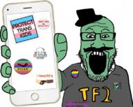 arm clothes glasses green_skin hand hat holding_object holding_phone iphone lgbt mustache open_mouth phone soyjak steam stubble subvariant:phoneplier subvariant:phoneplier_vertical team_fortress_2 text tranny valve variant:markiplier_soyjak // 824x666 // 344.3KB