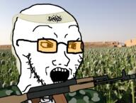 angry clothes glasses gun irl_background open_mouth orange_glasses soyjak stubble taliban variant:soyak // 1000x756 // 630.8KB