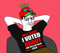 IT2GB broot broot_2026 brootism brootist cap chair clothes glasses hat leaf looking_at_you nothing_ever_happens red_background series:administ_soyjaks smile smug text variant:chudjak variant:impish_soyak_ears // 952x850 // 222.1KB