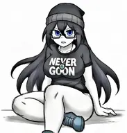 blue_hair clothes dark_hair glasses hat leg looking_at_you meta:ai_generated never_goon shoe sitting text variant:soytan // 992x1040 // 201.6KB