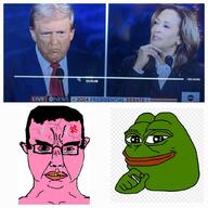 2024 2024_presidential_election abc_news amphibian angry animal bloodshot_eyes closed_mouth crying donald_trump ear frog glasses green_skin hair hand kamala_harris nas:pepe pepe_the_frog pink_skin soyjak variant:chudjak yellow_teeth // 1024x1024 // 156.4KB