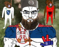 3soyjaks KLA Kosovo_liberation_Army ack beard black_skin bloodshot_eyes bosnia clothes cross crucifix crying dead eagle eastern_orthodox flag:albania flag:bosnia_and_herzegovina full_body glasses hand hand_gesture hang hanged hanging irl_background islam islamic leg lynching mustache necklace orthodox orthodox_cross orthodoxy rope serbia serbian shoe sleeveless_shirt soyjak star_and_crescent stubble subvariant:chudjak_front subvariant:muscular_chud suicide template three_finger_salute tongue variant:bernd variant:chudjak yellow_teeth // 509x412 // 98.8KB