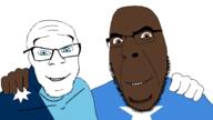 2soyjaks blue_eyes brown_eyes brown_skin countrywar flag flag:minnesota flag:somalia friendship glasses hand happy looking_at_you minnesota no_more_brother_wars smile somalia soyjak stubble variant:cobson variant:feraljak // 1919x1075 // 76.2KB