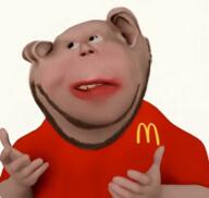 ai_generated amerimutt animated big_lips brown_skin ext=gif fast_food mcdonalds mutt realistic red_shirt speaking stubble subvariant:impish_amerimutt talking teeth variant:impish_soyak_ears white_background yellow_teeth // 717x681 // 10.1MB