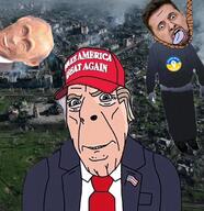american_flag blond blue_eyes clothes destruction donald_trump full_body hanging hat maga monkey_putin rope russo_ukrainian_war suit suit_and_tie ukraine variant:bernd variant:cobson vladimir_putin volodymyr_zelenskyy war wrinkles // 1982x2048 // 538.3KB