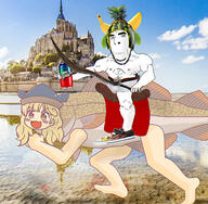 anime fish food fruit gyate_gyate helmet holding_object holding_sword irl_background matara_okina mont-saint-michel muscles sproke sword touhou variant:cobson video_game white_skin // 1551x1515 // 936.5KB