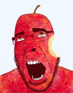 apple bite food foodjak fruit glasses looking_up open_mouth red_skin smile soyjak stubble transparent_background variant:cobson yellow_eyes // 721x922 // 199.6KB