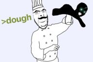 2soyjaks arm black_skin chef chef_hat clothes cooking doe dough greentext hand pizza pun soyjak text thougher variant:cobson variant:soyak // 1300x865 // 108.6KB