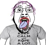 arm clothes glasses implied_suicide keep_calm lipstick mustache open_mouth purple_hair soyjak stubble subvariant:science_lover tongue tranny variant:bernd variant:markiplier_soyjak yellow_teeth // 1080x1055 // 96.5KB