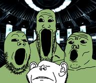 alien closed_eyes drawn_background frown green_skin soyjak soyjak_trio stubble variant:gapejak variant:impish_soyak_ears variant:markiplier_soyjak variant:tony_soprano_soyjak // 968x832 // 357.8KB