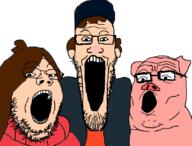 3soyjaks animal calarts cartoon clothes dipper disney ear glasses gravity_falls mabel open_mouth pig soyjak stretched_mouth stubble trend:soyjak_trio variant:gapejak variant:markiplier_soyjak variant:tony_soprano_soyjak waddles // 828x631 // 43.5KB
