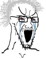bloodshot_eyes crying einstein glasses hair large_eyebrows mustache open_mouth soyjak stretched_mouth stubble variant:soyak white_hair // 680x866 // 322.5KB